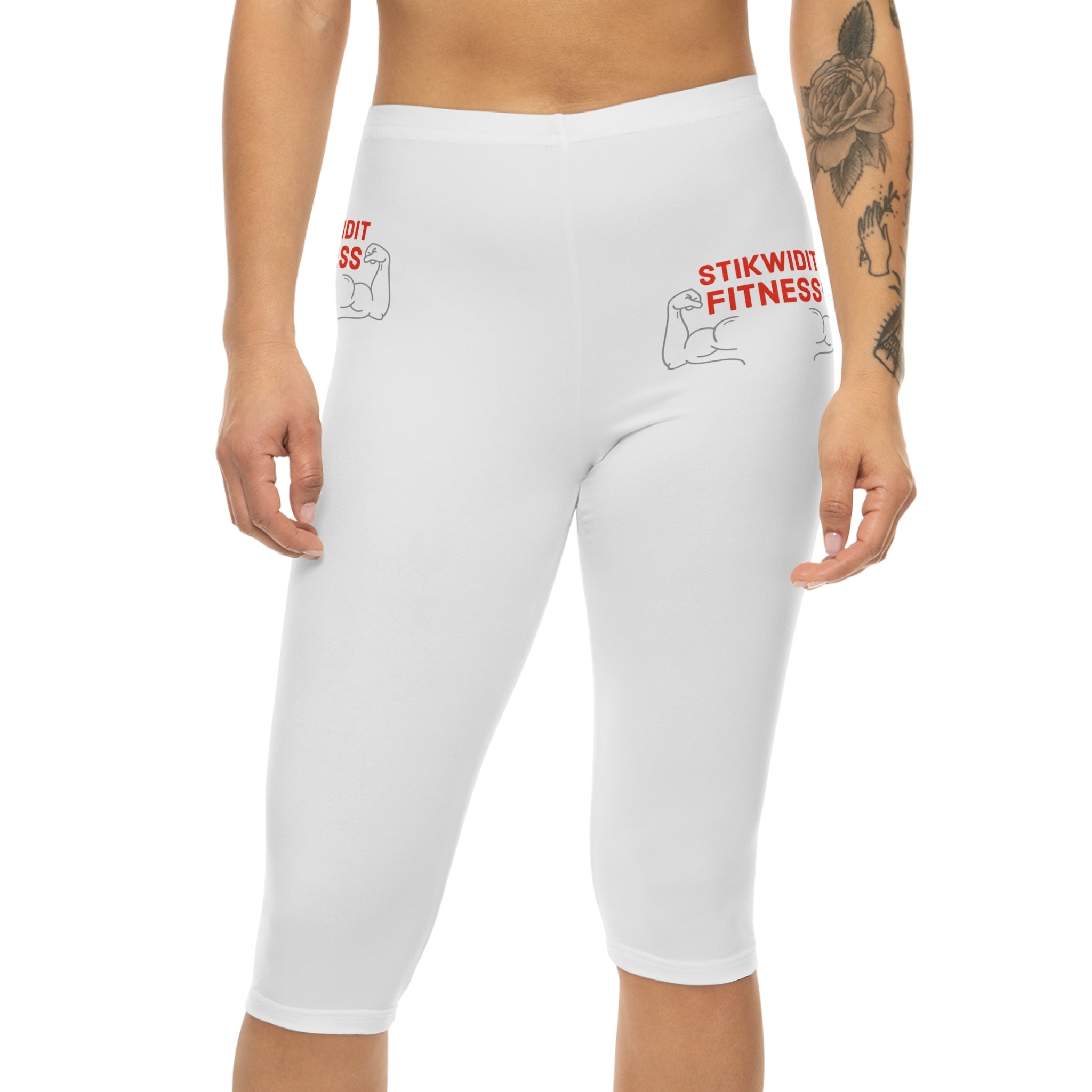 Stikwidit Fitness Capri Leggings — Women’s White Athletic Crop with Logo